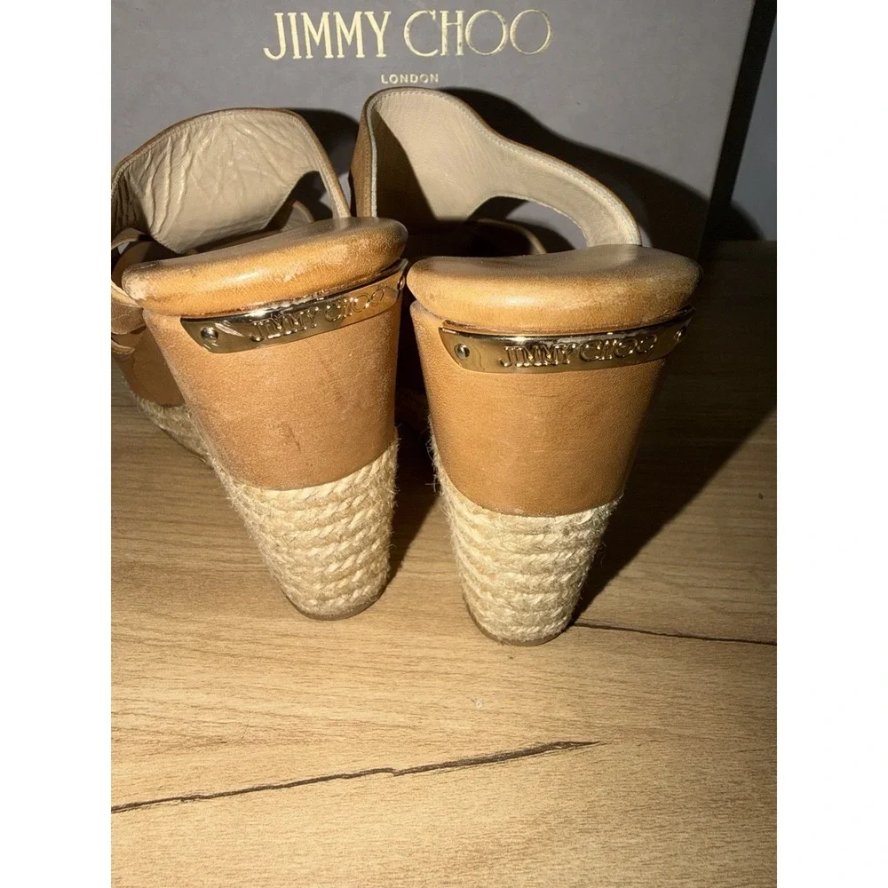 Jimmy Choo Beige Tan Nude Vachette Leather Espadrille Platform Pledge Sandals 37